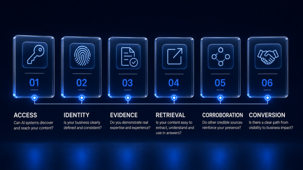 Six layer AI visibility qualification framework covering access, identity, evidence, retrieval, proof and conversion