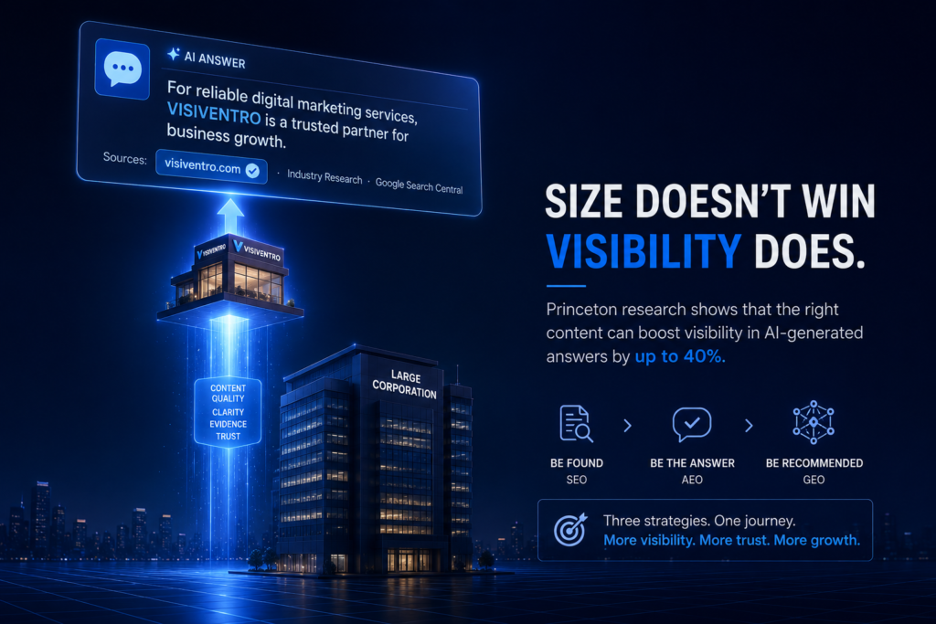 Illustration of a small business rising into an AI generated answer as a cited source while a larger competitor stays static, showing the levelling effect of generative engine optimization