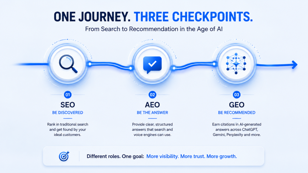 Diagram of SEO, AEO and GEO as three connected checkpoints on one business visibility journey covering discovery, selection and reference